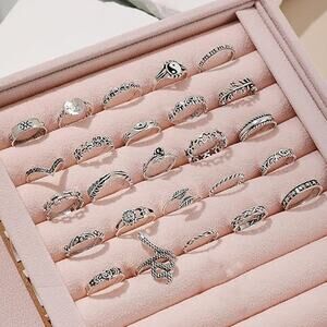 NEW 25 PC Vintage Ancient Silver Adjustable Stackable Rings